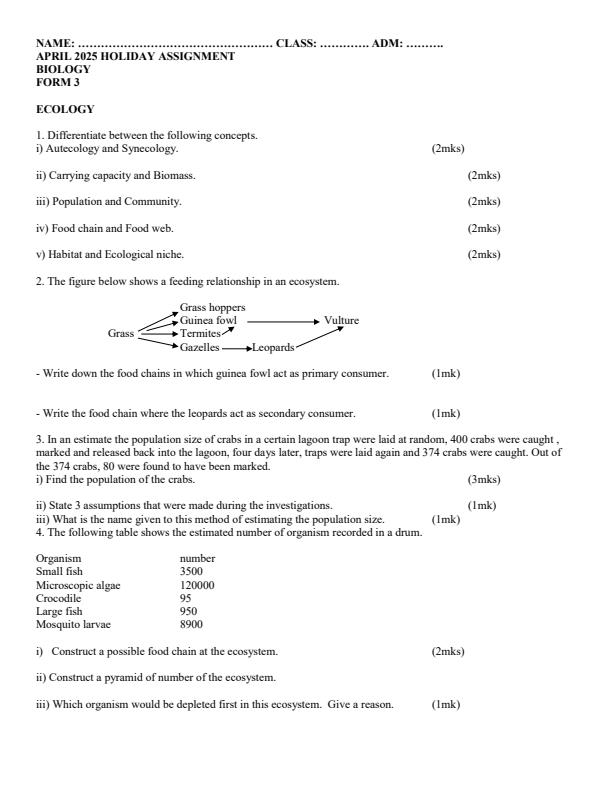 Page 1 – Form 3 Biology April 2025 Holiday Assignment – Kenyaplex