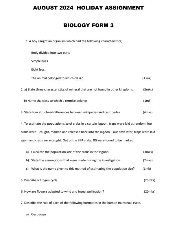 Page 1 – Form 3 Biology August 2024 Holiday Assignment – Kenyaplex