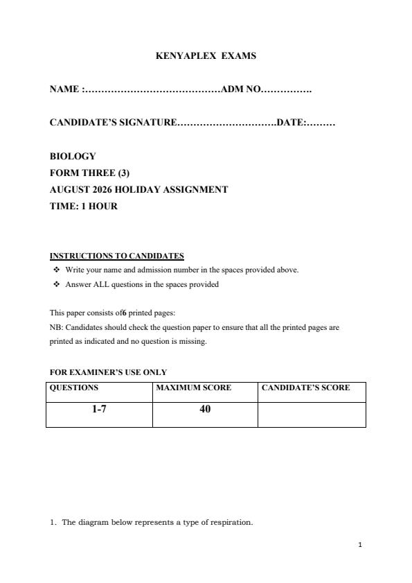 Page 1 – Form 3 Biology August 2026 Holiday assignment – Kenyaplex