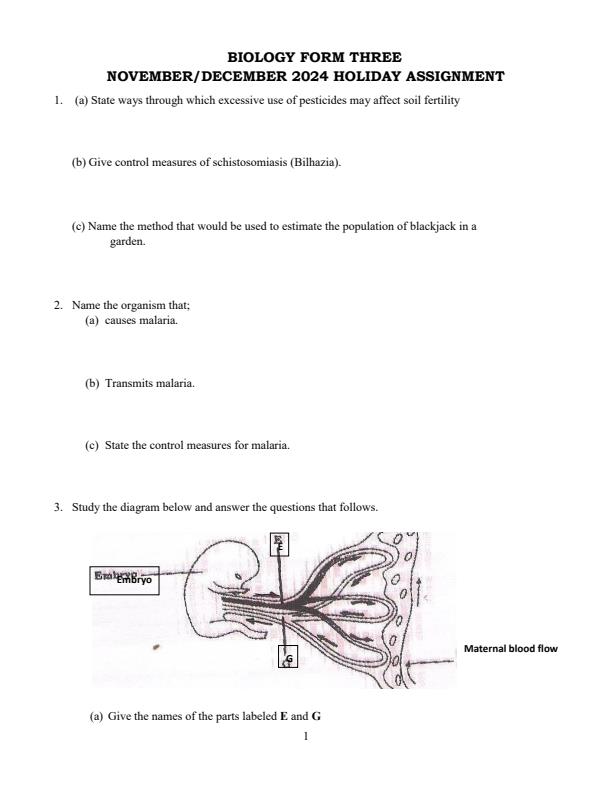 Page 1 – Form 3 Biology December 2024 Holiday Assignment – Kenyaplex