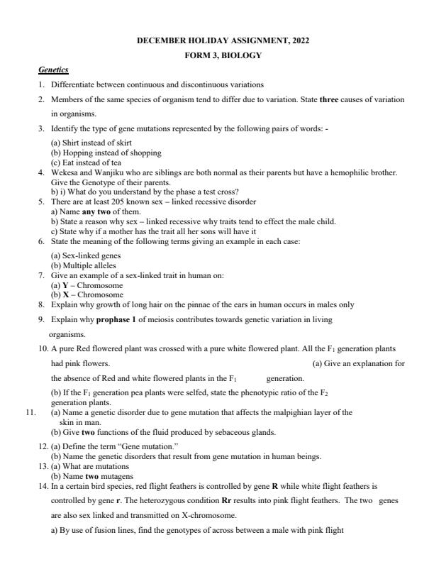 Page 1 – Form 3 Biology December Holiday Assignment 2022 – Kenyaplex