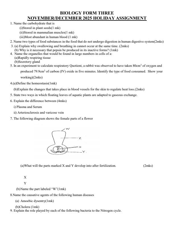Page 1 – Form 3 Biology November/December 2025 Holiday Assignment – Kenyaplex