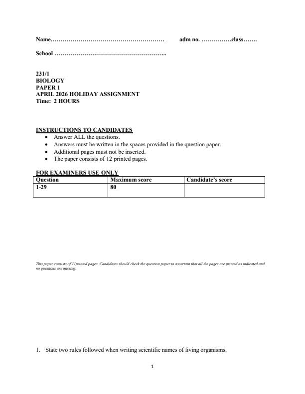Page 1 – Form 3 Biology Paper 1 April 2026 Holiday Assignment – Kenyaplex