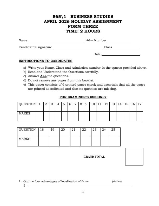 Page 1 – Form 3 Business Studies April 2026 Holiday Assignment – Kenyaplex