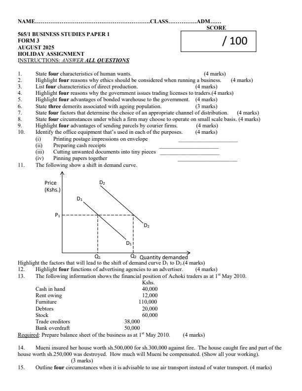 Page 1 – Form 3 Business Studies August 2025 Holiday Assignment – Kenyaplex