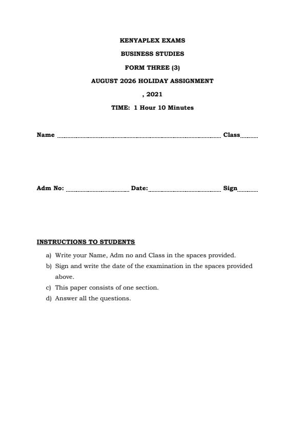 Page 1 – Form 3 Business Studies August 2026 Holiday Assignment – Kenyaplex