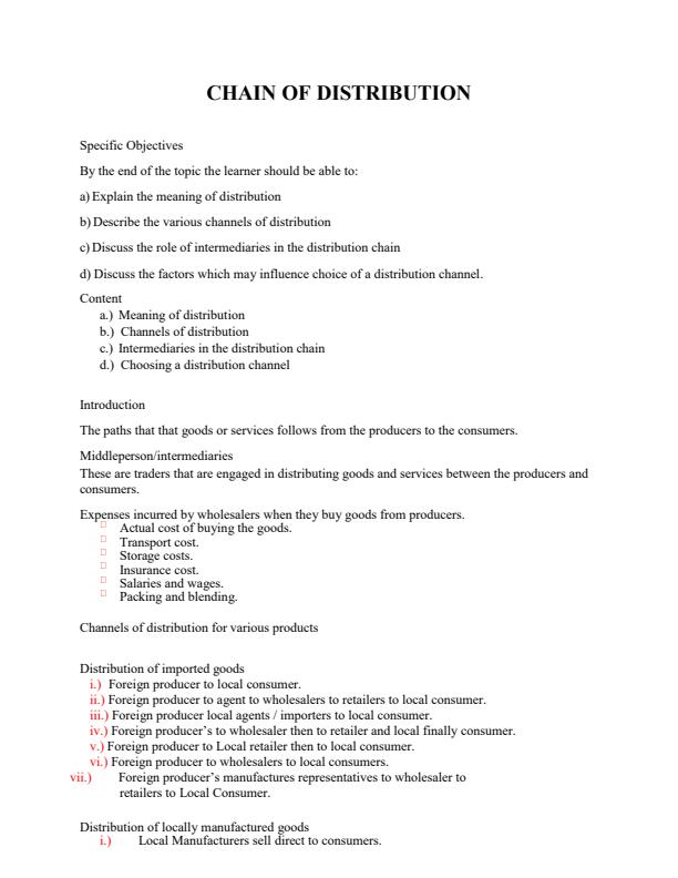 Form 3 Business Studies Chain of Distribution Notes 16245