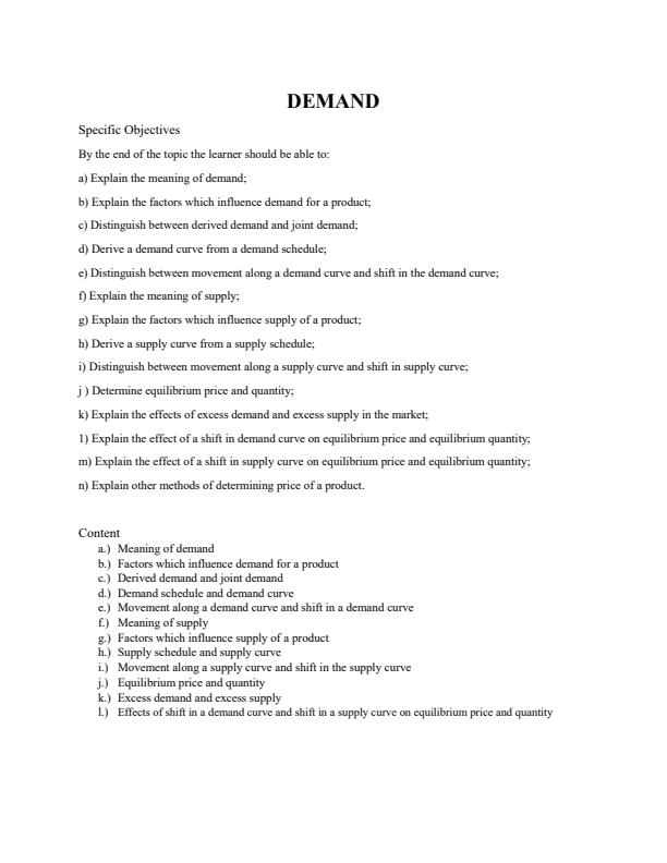 Page 1 – Form 3 Business Studies Notes for Demand Topic – Kenyaplex