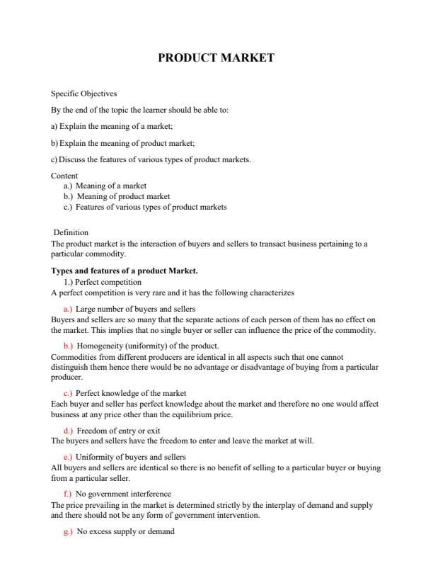 Page 1 – Form 3 Business Studies Notes on Product Market – Kenyaplex