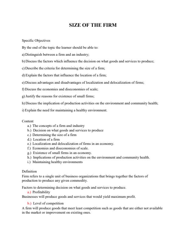 Page 1 – Form 3 Business Studies Notes on Size of the Firm – Kenyaplex