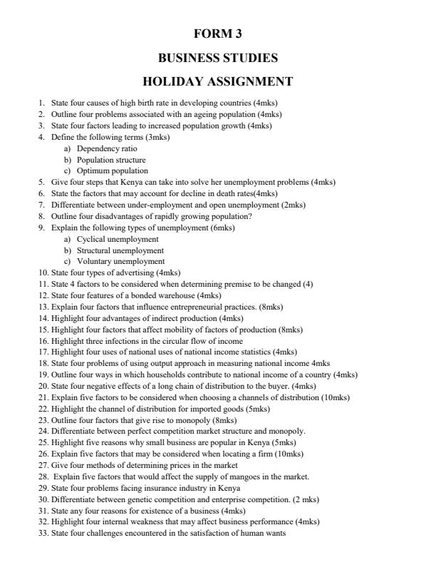 Page 1 – Form 3 Business Studies November/December 2025 Holiday Assignment – Kenyaplex