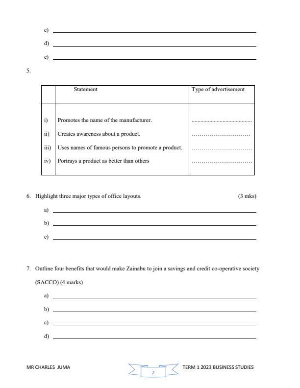 Form 3 Business Studies Paper 1 Opener C.A.T 1 Exam Term 1 2023 Contains Marking Scheme 13068
