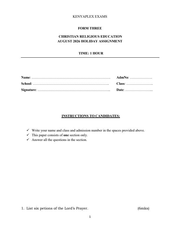 Page 1 – Form 3 CRE August 2026 Holiday Assignment – Kenyaplex
