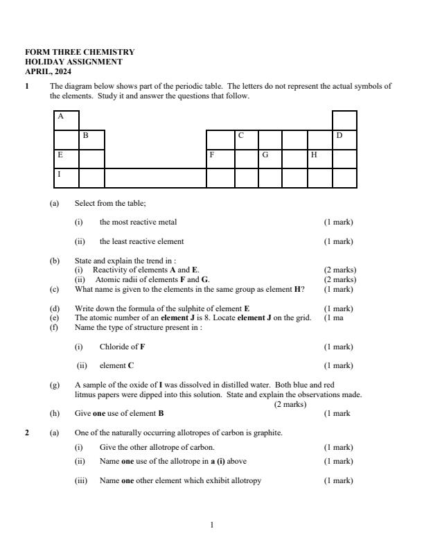Page 1 – Form 3 Chemistry April 2024 Holiday Assignment – Kenyaplex