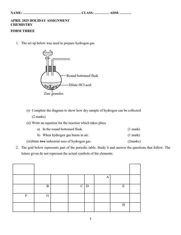 Page 1 – Form 3 Chemistry April 2025 Holiday Assignment – Kenyaplex