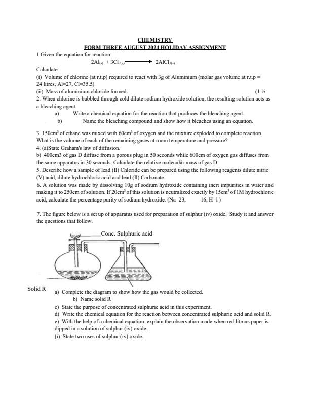 Page 1 – Form 3 Chemistry August 2024 Holiday Assignment – Kenyaplex