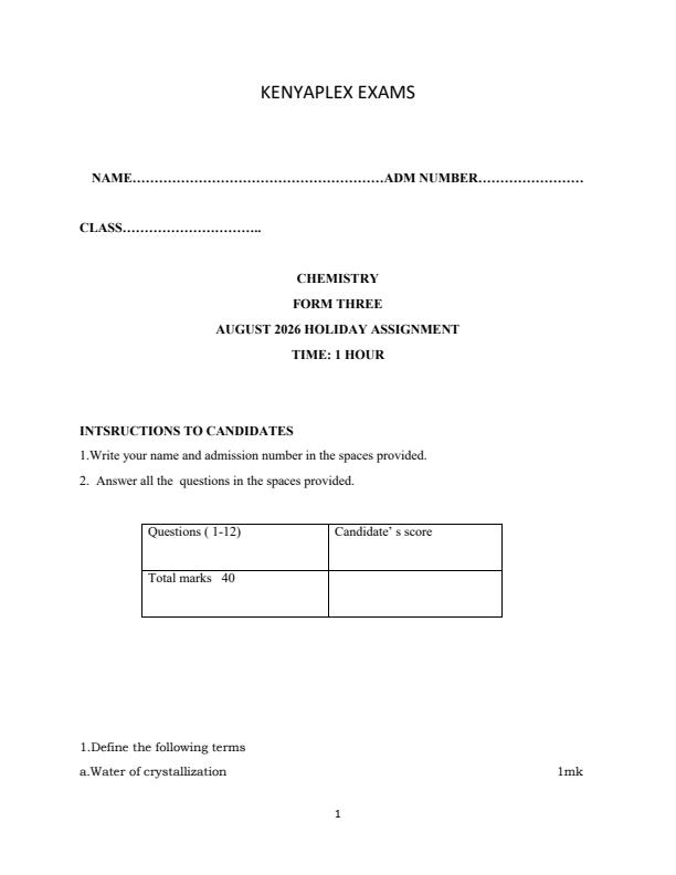 Page 1 – Form 3 Chemistry August 2026 Holiday Assignment – Kenyaplex