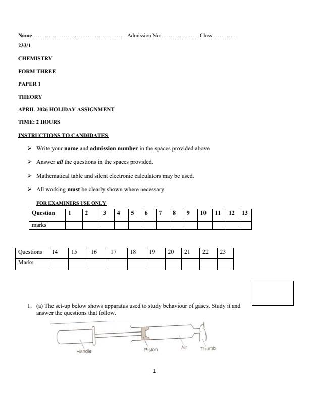 Page 1 – Form 3 Chemistry Paper 1 April 2026 Holiday Assignment – Kenyaplex