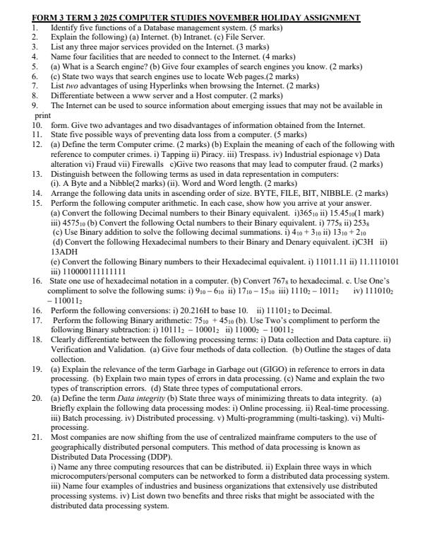 Page 1 – Form 3 Computer Studies November/December 2025 Holiday Assignment – Kenyaplex