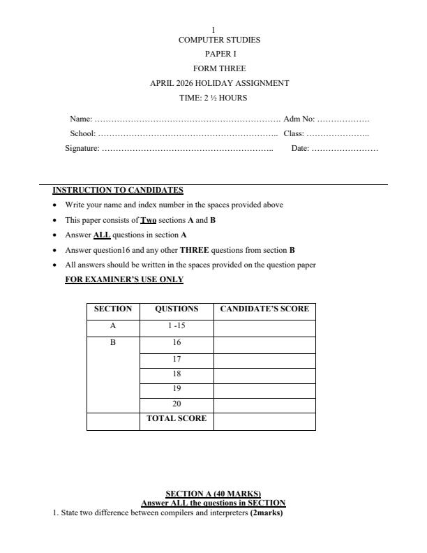 Page 1 – Form 3 Computer Studies Paper 1 April 2026 Holiday Assignment – Kenyaplex