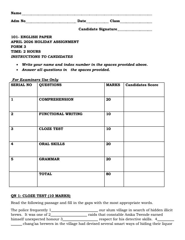 Page 1 – Form 3 English April 2026 Holiday Assignment – Kenyaplex