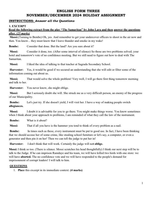 Page 1 – Form 3 English December 2024 Holiday Assignment – Kenyaplex