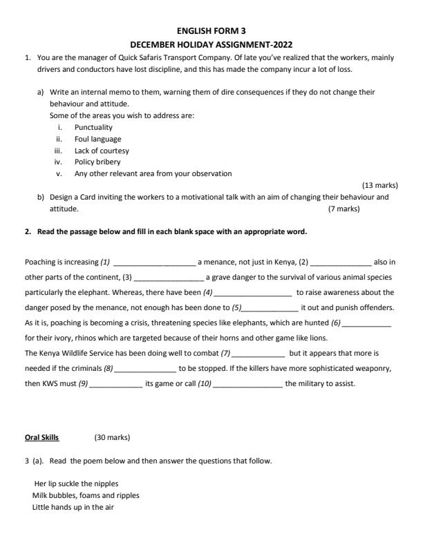 Page 1 – Form 3 English December Holiday Assignment 2022 – Kenyaplex