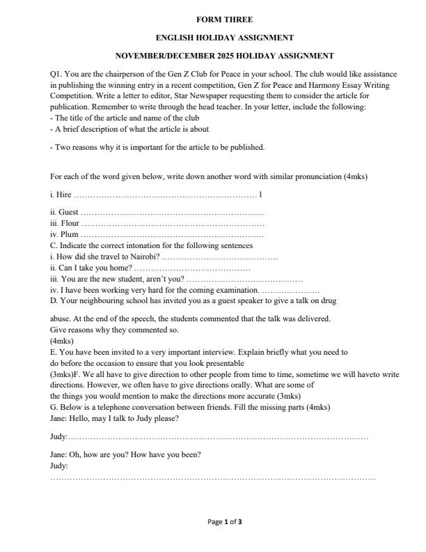 Page 1 – Form 3 English November/December 2025 Holiday Assignment – Kenyaplex