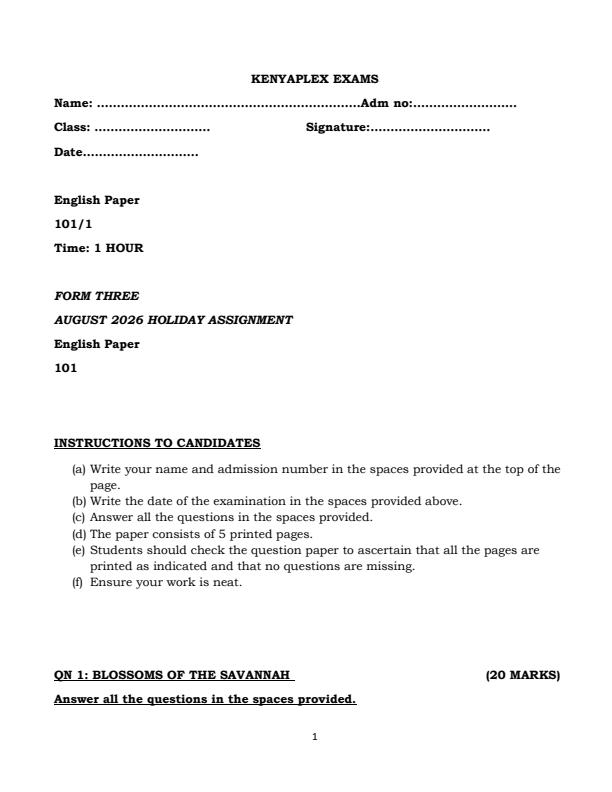 Page 1 – Form 3 English Paper 1 August 2026 Holiday Assignment – Kenyaplex