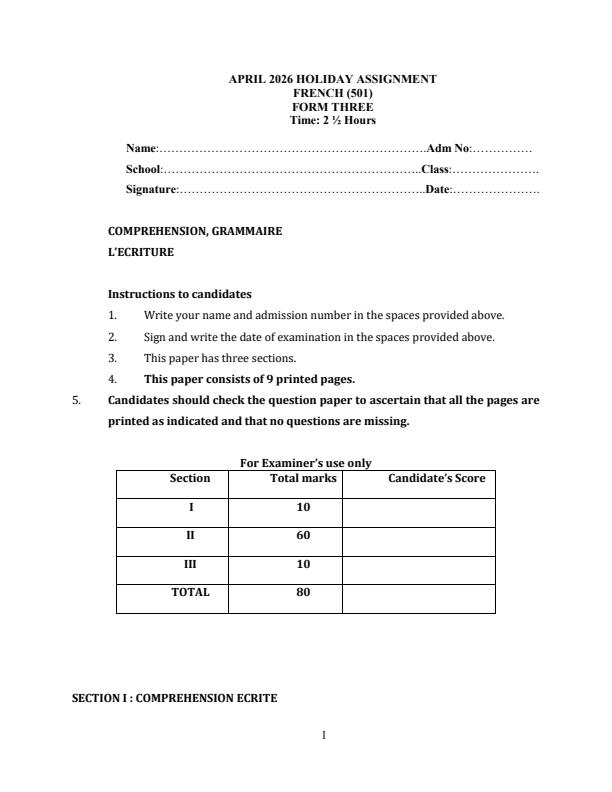 Page 1 – Form 3 French April 2026 Holiday Assignment – Kenyaplex