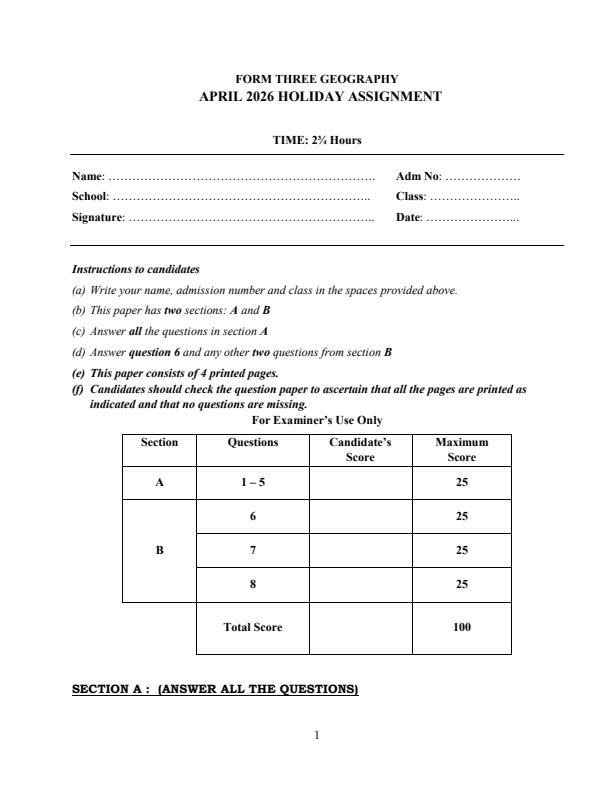 Page 1 – Form 3 Geography April 2026 Holiday Assignment – Kenyaplex