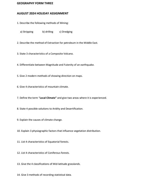 Page 1 – Form 3 Geography August 2024 Holiday Assignment – Kenyaplex