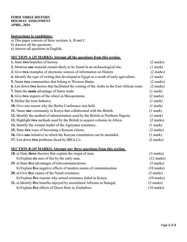 Page 1 – Form 3 History April 2024 Holiday Assignment – Kenyaplex