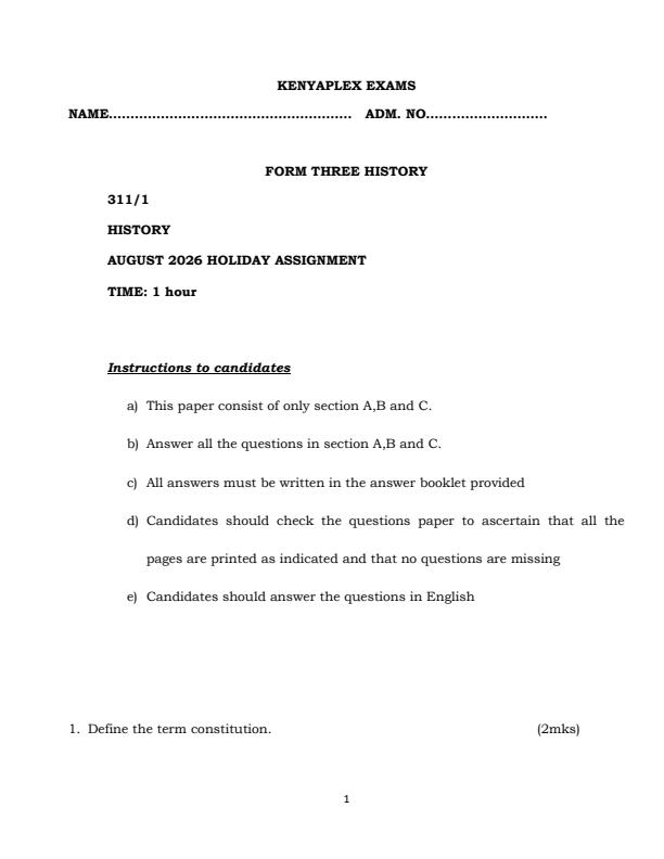 Page 1 – Form 3 History August 2026 Holiday Assignment – Kenyaplex