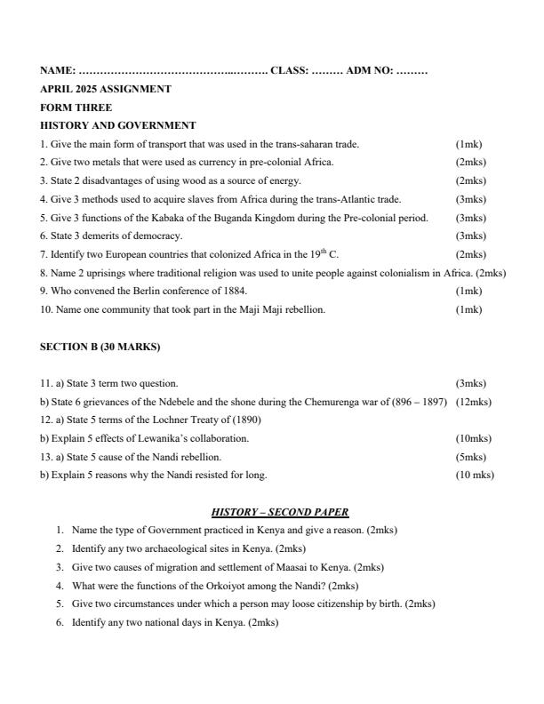 Page 1 – Form 3 History and Government April 2025 Holiday Assignment – Kenyaplex