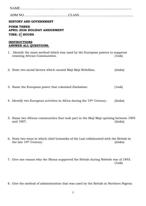 Page 1 – Form 3 History and Government April 2026 Holiday Assignment  – Kenyaplex