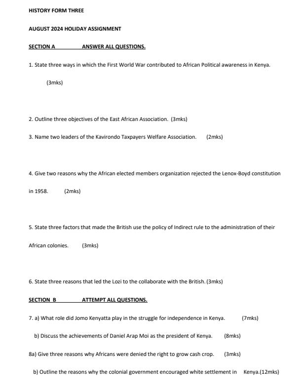 Page 1 – Form 3 History and Government August 2024 Holiday Assignment – Kenyaplex