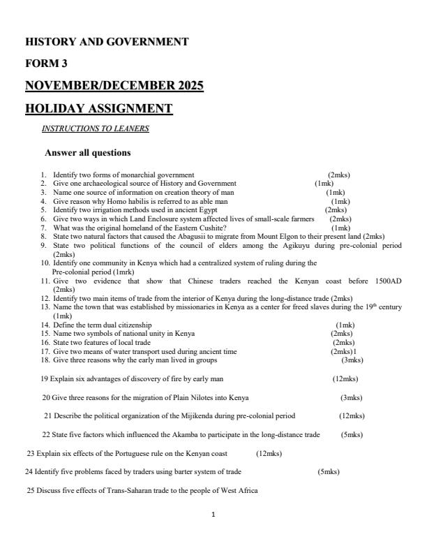 Page 1 – Form 3 History and Government November/December 2025 Holiday Assignment – Kenyaplex