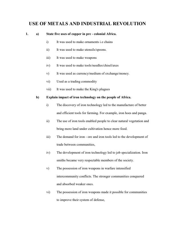 Page 1 – Form 3 History and Government: Use of Metals and Industrial Revolution Topical Questions and Answers – Kenyaplex