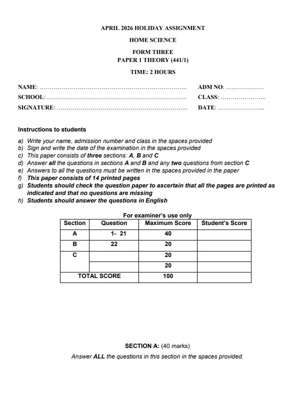 Page 1 – Form 3 Home Science April 2026 Holiday Assignment – Kenyaplex