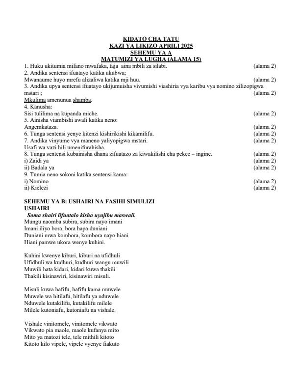 Page 1 – Form 3 Kiswahili April 2025 Holiday Assignment – Kenyaplex