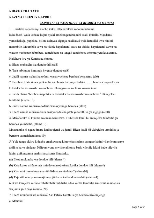 Page 1 – Form 3 Kiswahili April Holiday Assignment 2023 – Kenyaplex