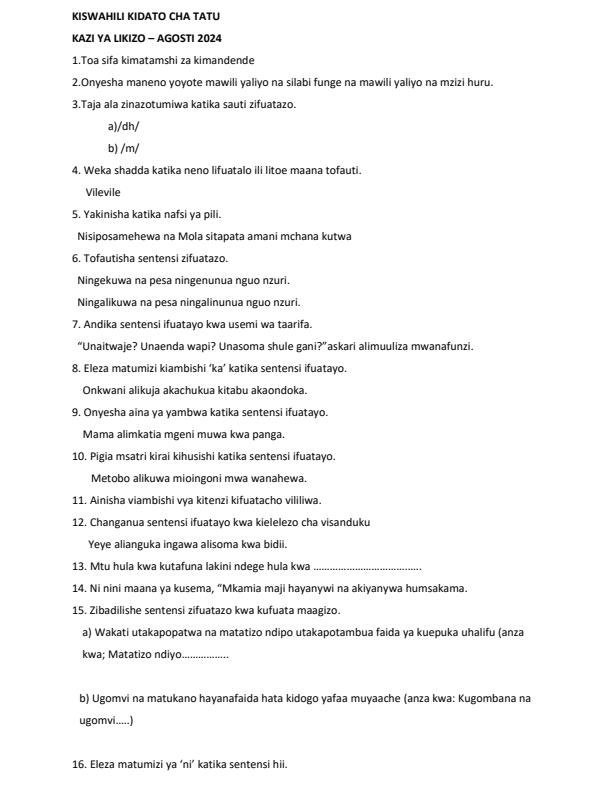 Page 1 – Form 3 Kiswahili August 2024 Holiday Assignment – Kenyaplex