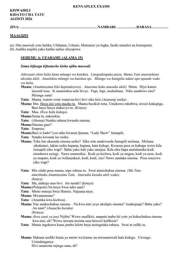 Page 1 – Form 3 Kiswahili August 2026 Holiday Assignment – Kenyaplex
