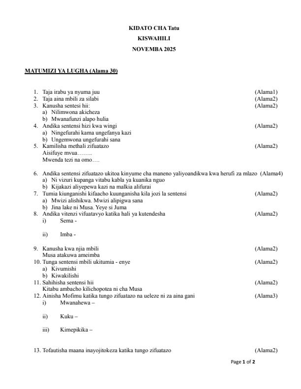 Page 1 – Form 3 Kiswahili November/December 2025 Holiday Assignment – Kenyaplex