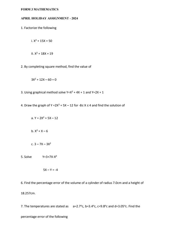 Page 1 – Form 3 Mathematics April 2024 Holiday Assignment – Kenyaplex