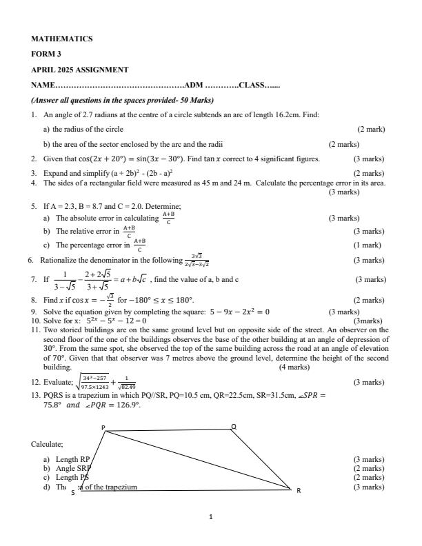 Page 1 – Form 3 Mathematics April 2025 Holiday Assignment – Kenyaplex