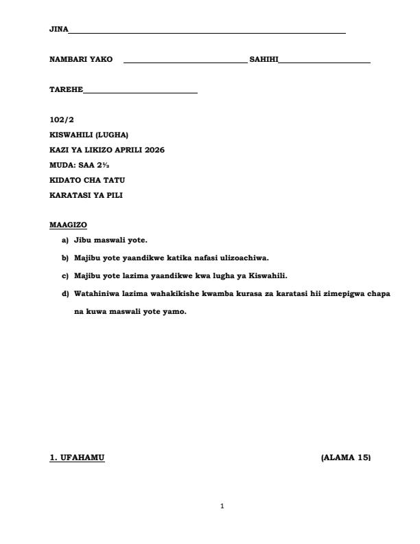 Page 1 – Form 3 Mathematics April 2026 Holiday Assignment – Kenyaplex
