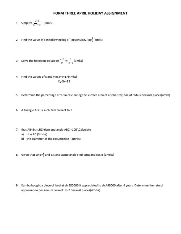 Page 1 – Form 3 Mathematics April Holiday Assignment 2023 – Kenyaplex