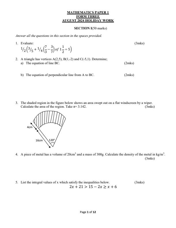 Page 1 – Form 3 Mathematics August 2024 Holiday Assignment – Kenyaplex